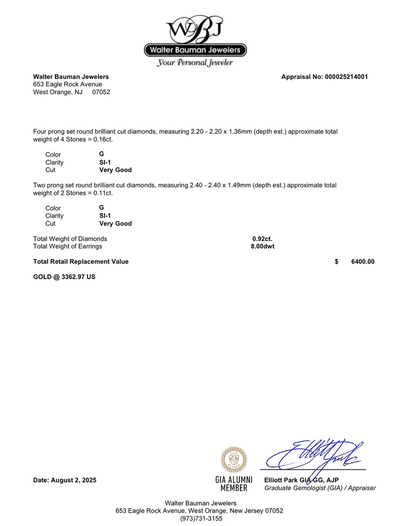 Estate Jose Hess 18K Y Gold 0.92ctw Diamond Earrings