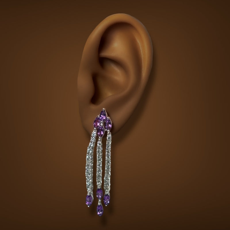 Estate 14K W Gold 6.06ctw Amethyst & Beryl Dangle Earrings