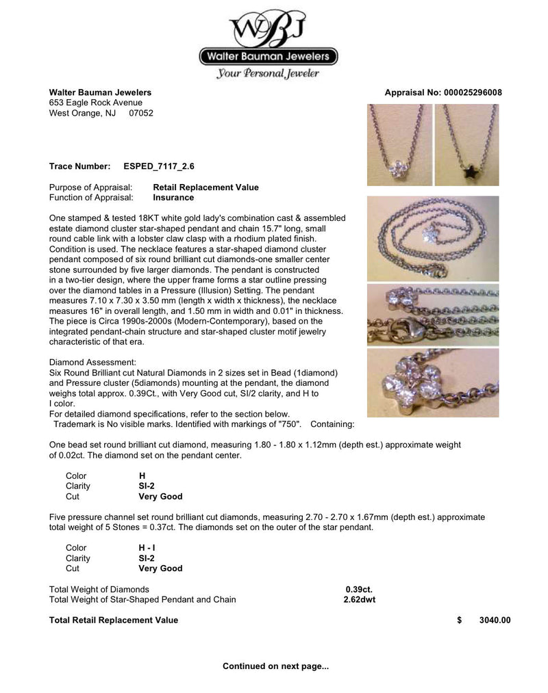 Estate 18K W Gold 0.39ctw Diamond Star Cluster Necklace