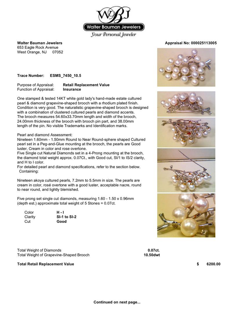 Estate 14K W Gold Akoya & 0.07ctw Diamond Grapevine Pin