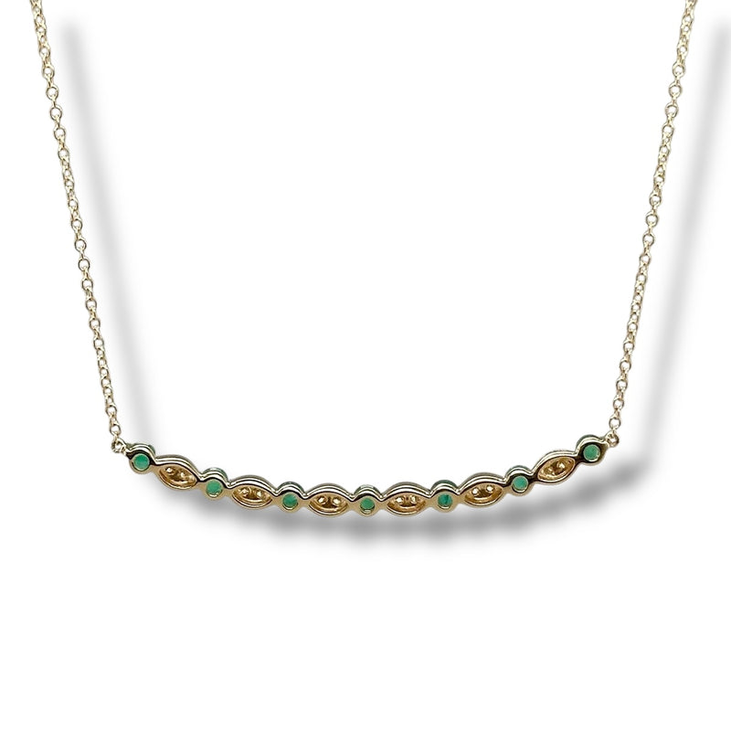 14K Y Gold 16" 0.14ctw Diamond and 0.66ctw Emeralds Curved Bar Necklace