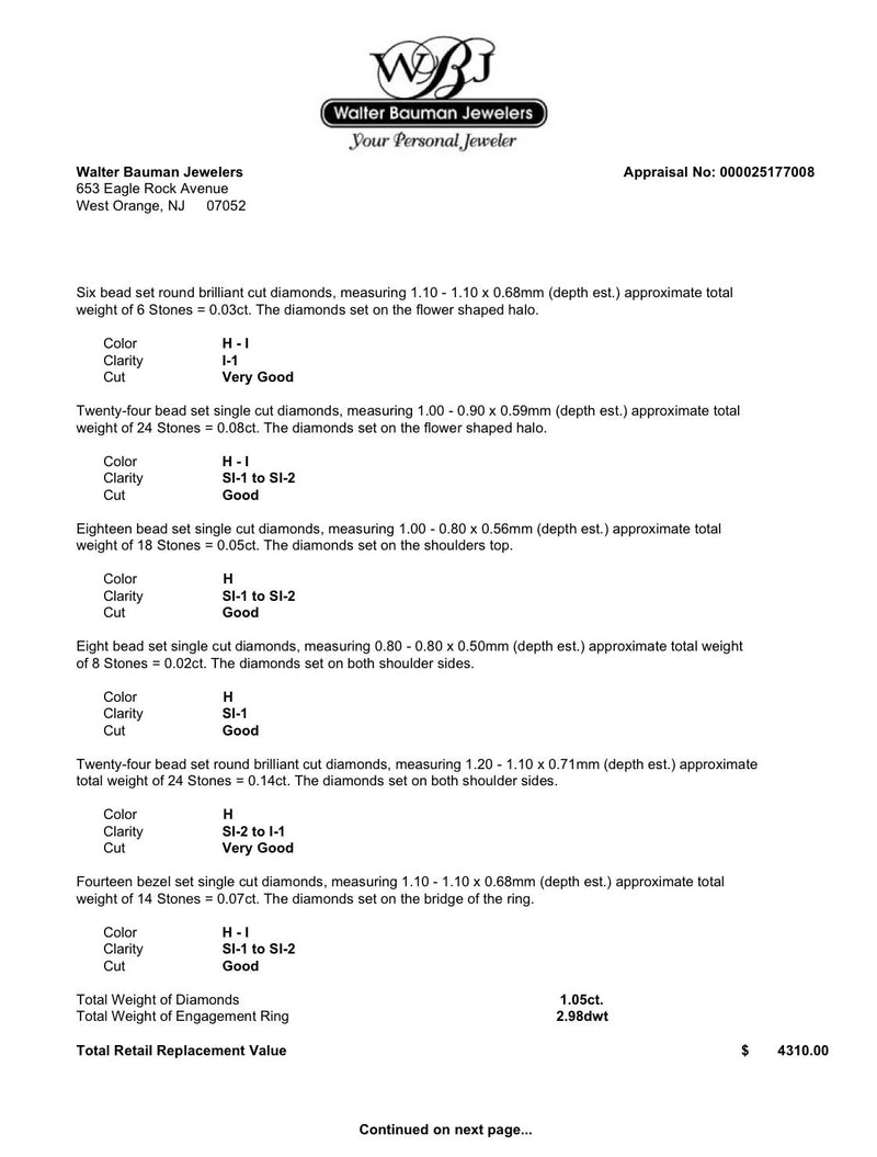 Estate 14K W Gold 1.05ctw Diamond Eng. Ring