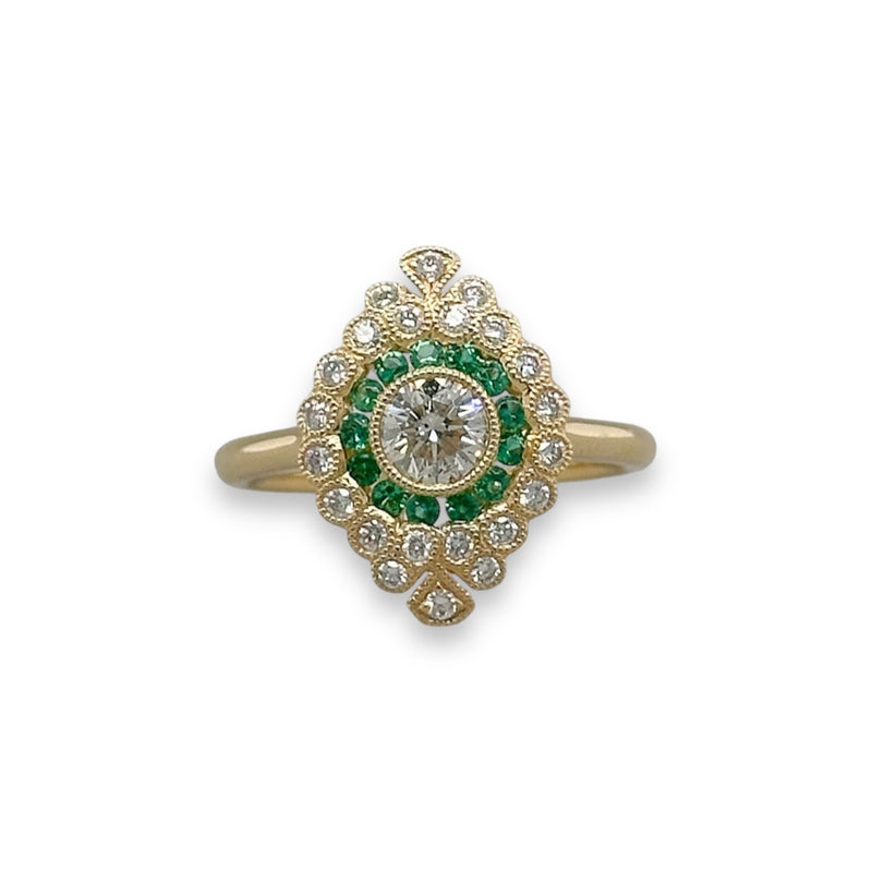 18K Y Gold 0.17ctw Emerald and H/SI2 0.64ctw Diamond Ring