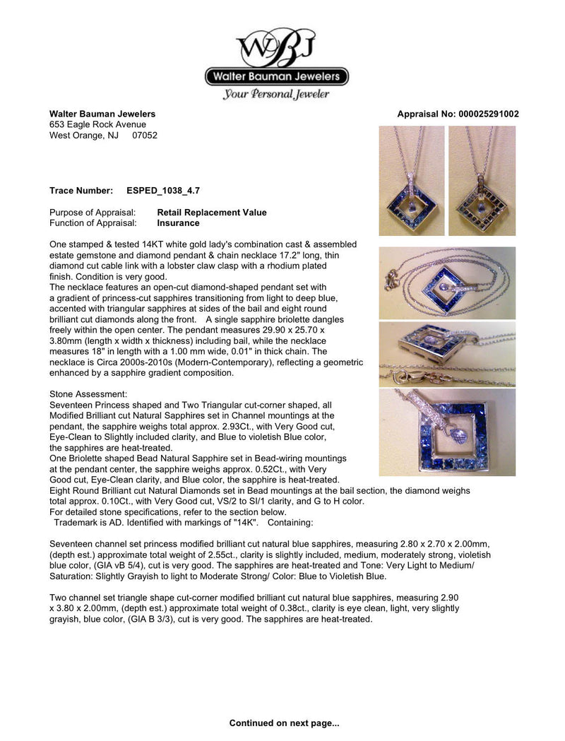 Estate 14K W Gold 3.45ctw Sapphire & 0.10ctw Diamond Pendant