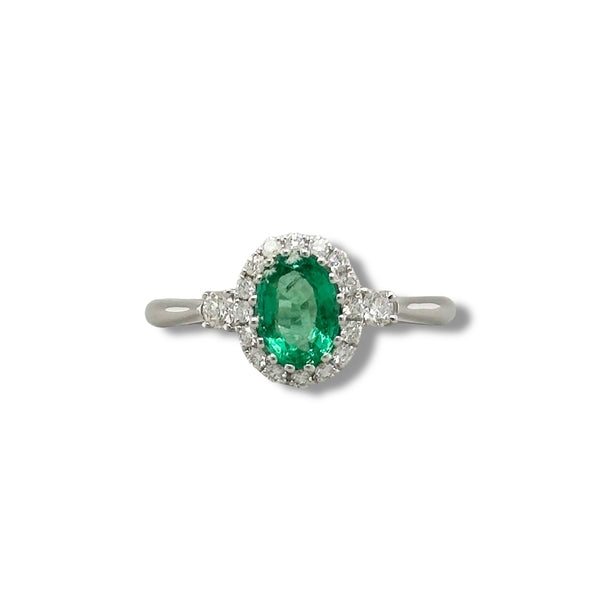 18K W Gold 0.75ct Emerald and 0.25ctw Diamonds H/SI1 Halo Diamond Ring