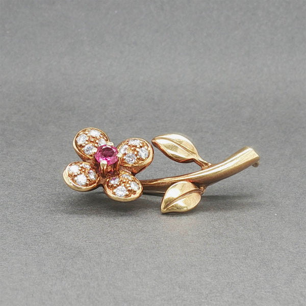 Estate 18K Y Gold 0.26ct Ruby & 0.30ctw Diamond Flower Brooch
