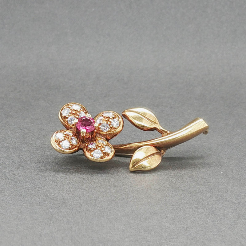 Estate 18K Y Gold 0.26ct Ruby & 0.30ctw Diamond Flower Brooch