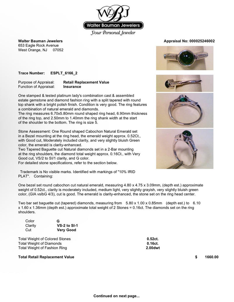 Estate Platinum 0.52ct Emerald & 0.16ctw Diamond Ring