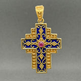 Estate 18K Y Gold Enamel & Ruby Cross Pendant