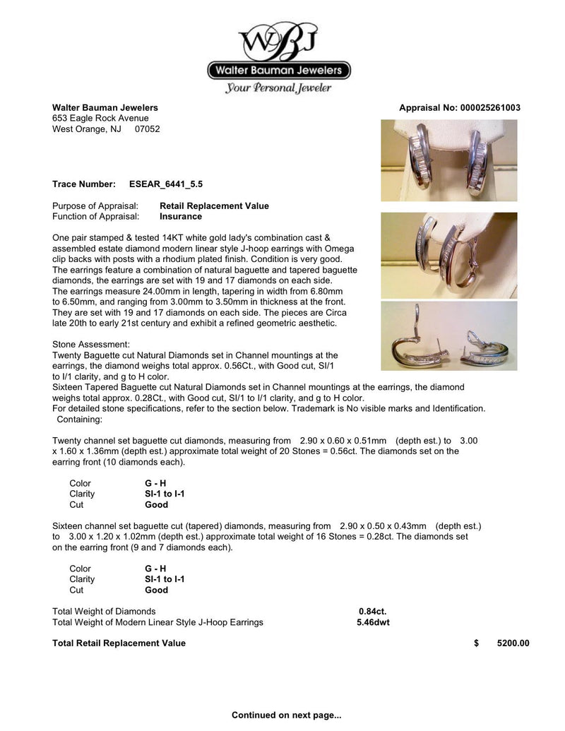 Estate 14K W Gold 0.84ctw Diamond J Hoop Earrings