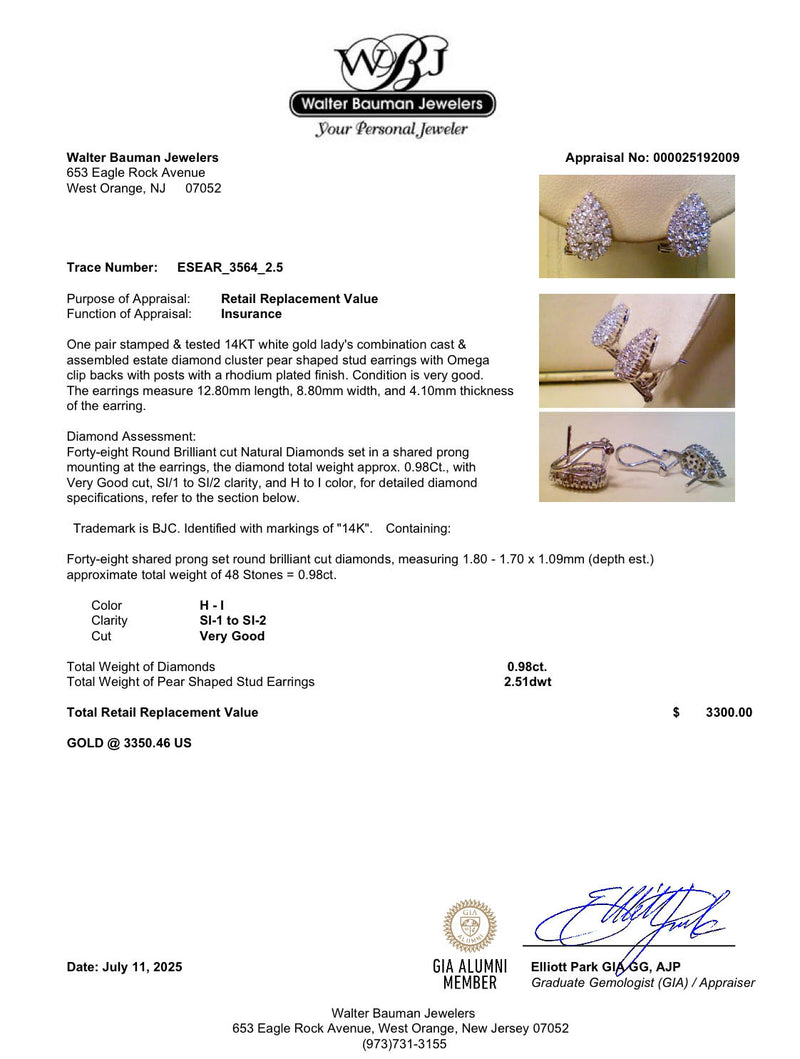 Estate 14K W Gold 0.98ctw Diamond Pear Earrings