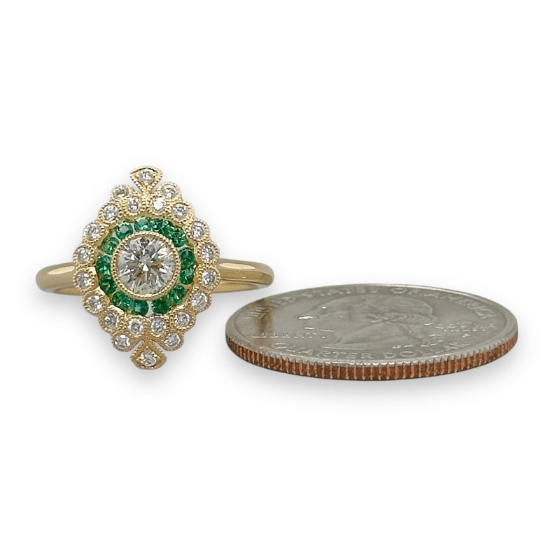 18K Y Gold 0.17ctw Emerald and H/SI2 0.64ctw Diamond Ring