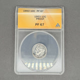 Estate 0.900 Silver 1953 Proof Rosevelt Dime ANACS PF 67 Brilliant Gem Uncirculated