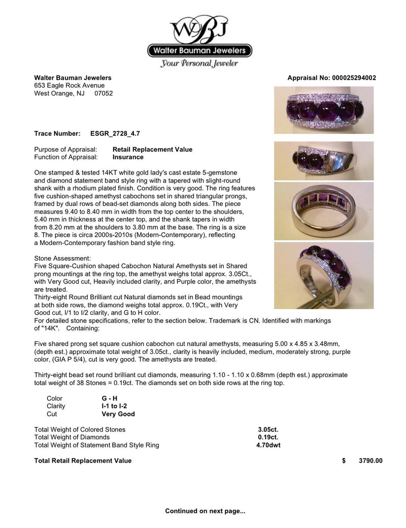 Estate 14K W Gold 3.05ctw Amethyst & 0.19ctw Diamond Ring