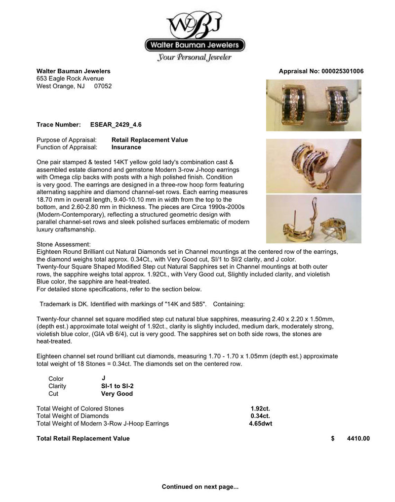 Estate 14K Y Gold 1.92ctw Sapphire & 0.34ctw Diamond J Hoop Earrings
