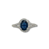 18K W Gold 1.26ct Sapphire and 0.40ctw Diamonds H/SI1 Halo Diamond Ring