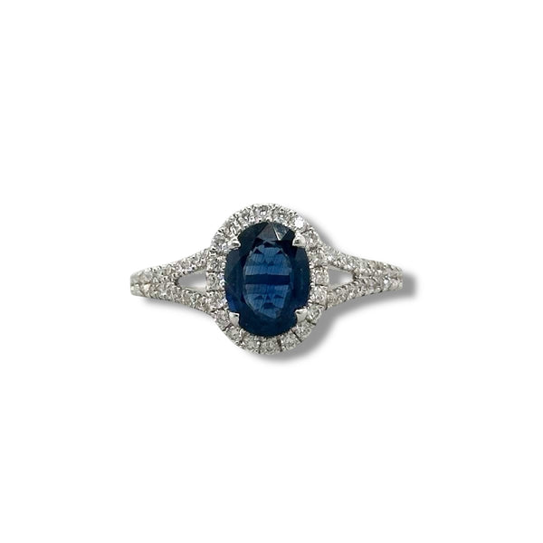 18K W Gold 1.26ct Sapphire and 0.40ctw Diamonds H/SI1 Halo Diamond Ring