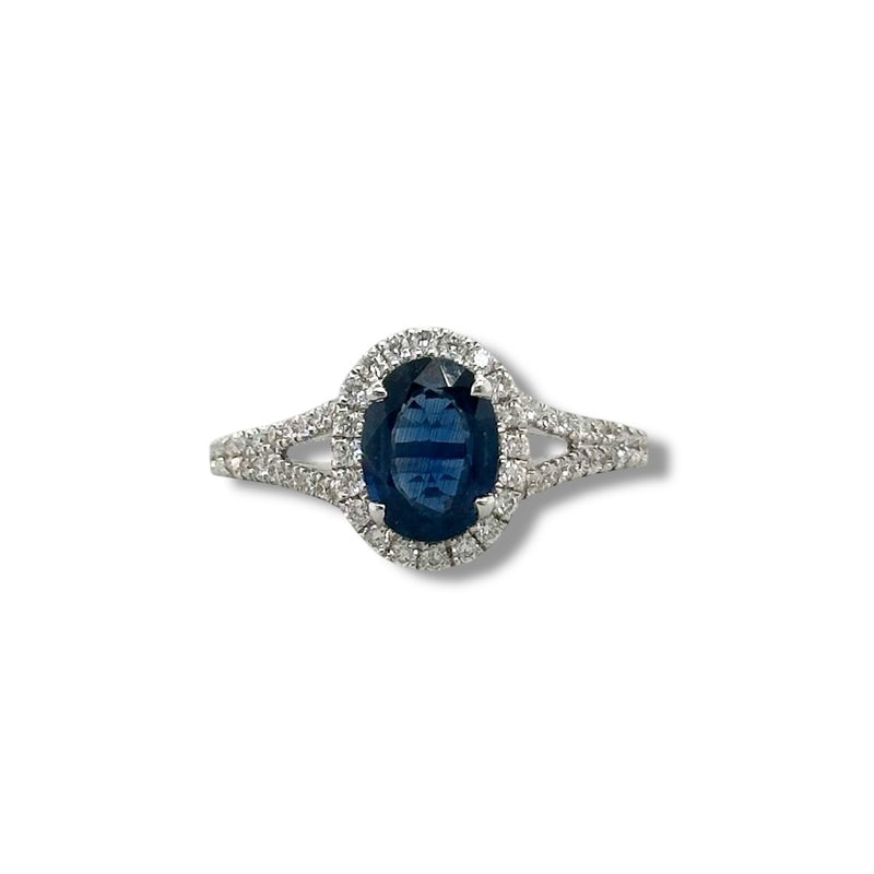 18K W Gold 1.26ct Sapphire and 0.40ctw Diamonds H/SI1 Halo Diamond Ring