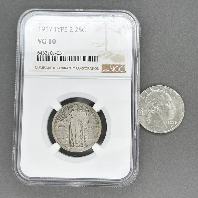 Estate 0.9 Fine Silver 1917 Type 2 Standing Liberty Quarter NGC VG 10