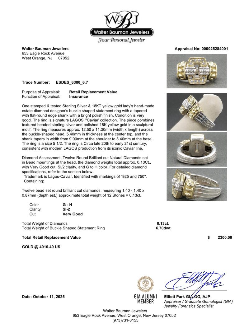 Estate Lagos SS 18 Caviar Lux 0.13ctw Diamond Buckle Ring