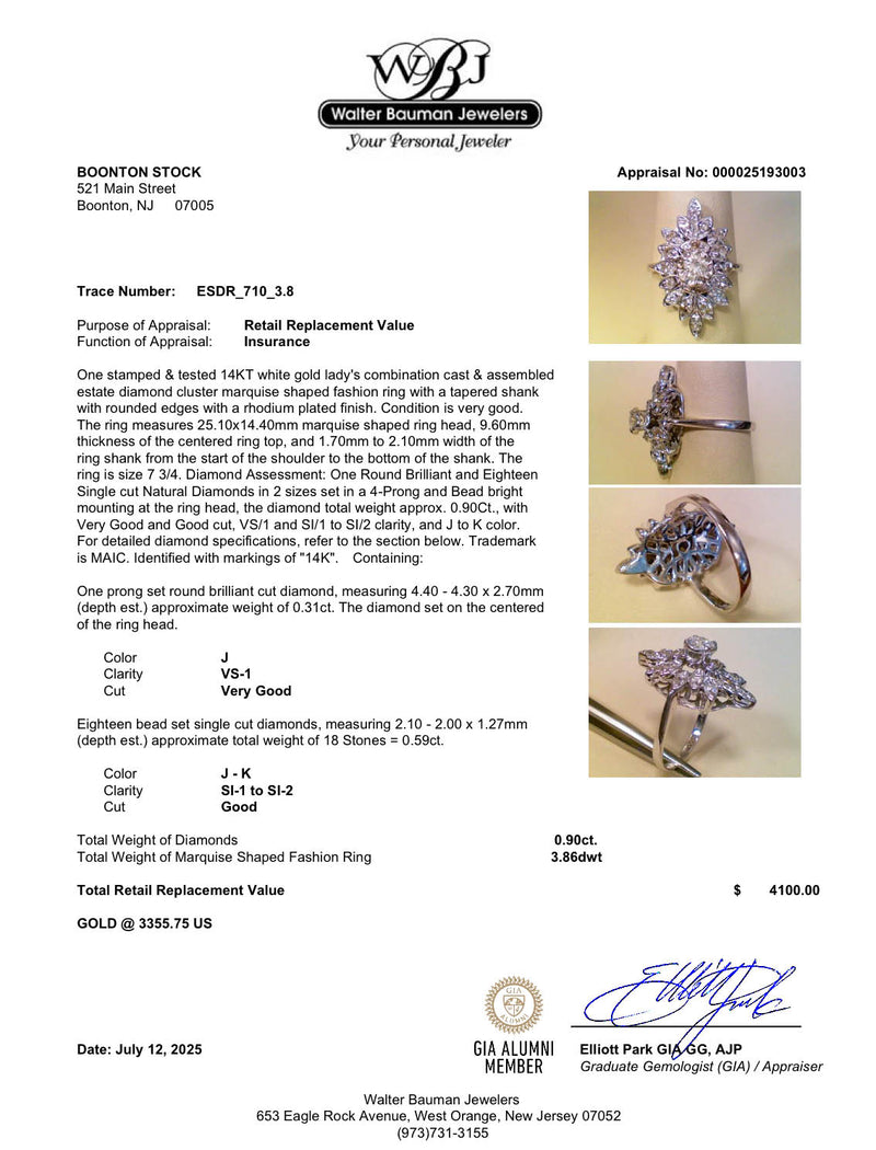 Estate 14K W Gold 0.90ctw Diamond Cocktail Ring