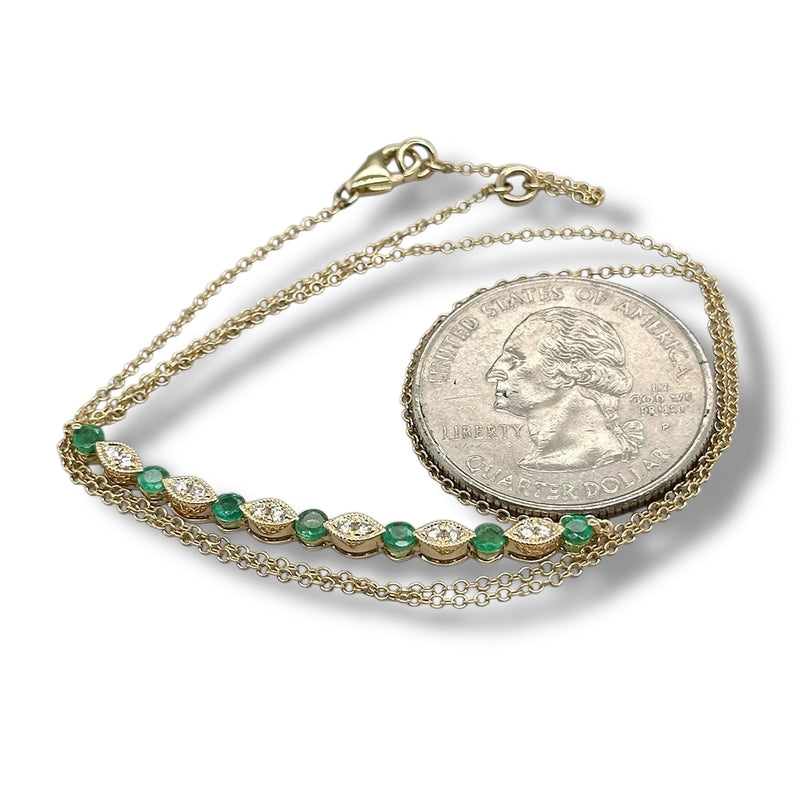 14K Y Gold 16" 0.14ctw Diamond and 0.66ctw Emeralds Curved Bar Necklace