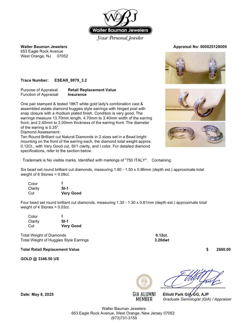 Estate 18K W Gold 0.12ctw I/SI1 Diamond Huggie Earrings