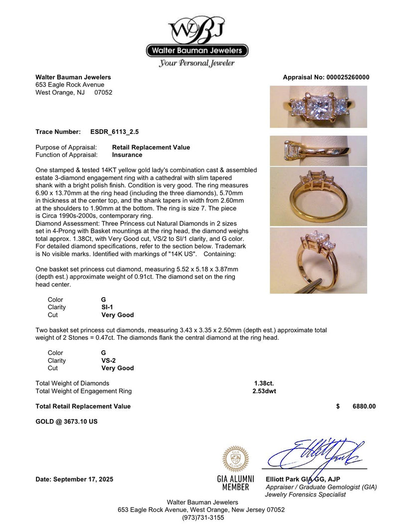 Estate 14K Y Gold 1.38ctw Princess Cut Diamond Eng. Ring