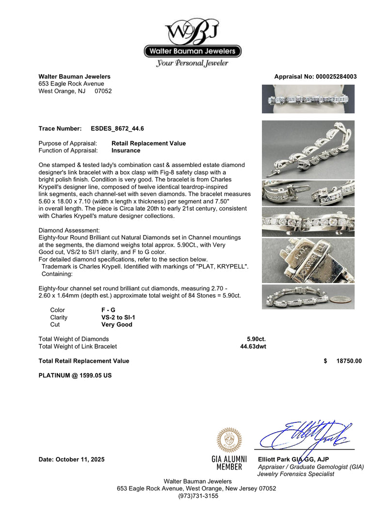 Estate Charles Krypell Platinum & 5.90ctw Diamond Link Bracelet