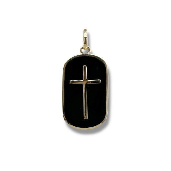 14K Y Gold Bezel Set Oval Onyx Pendant with Cross