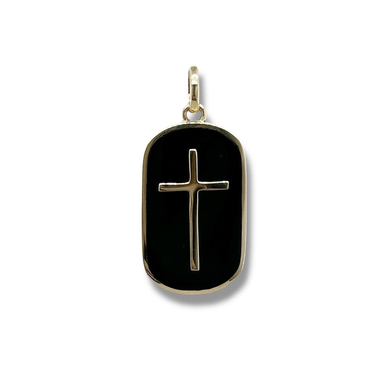 14K Y Gold Bezel Set Oval Onyx Pendant with Cross