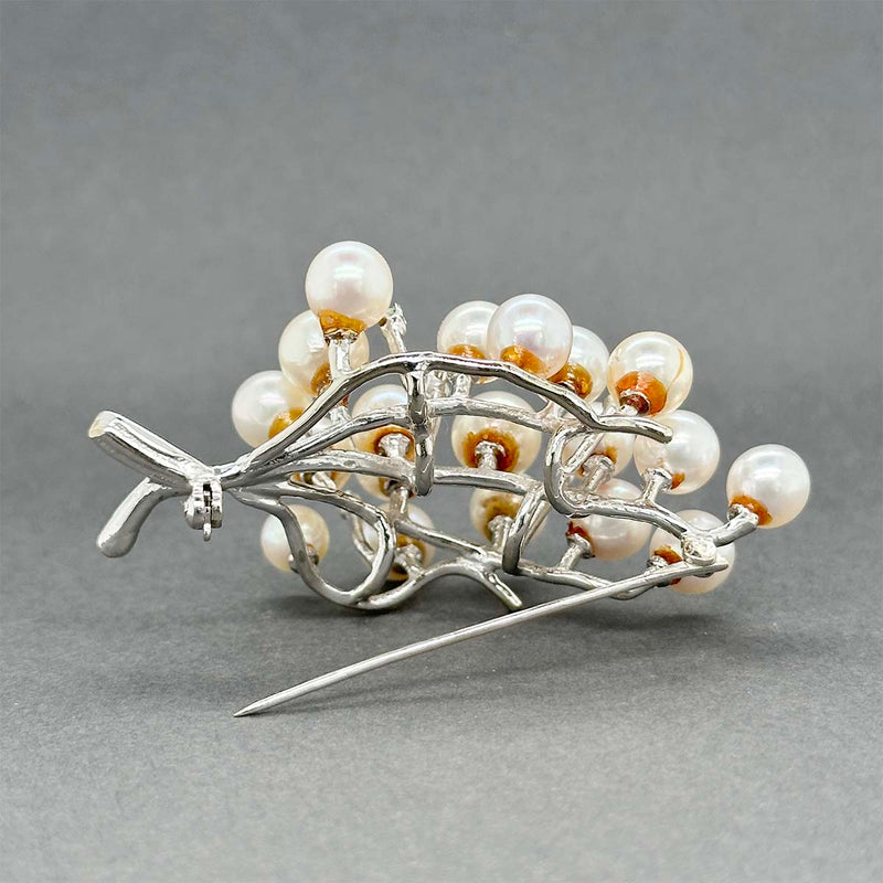 Estate 14K W Gold Akoya & 0.07ctw Diamond Grapevine Pin