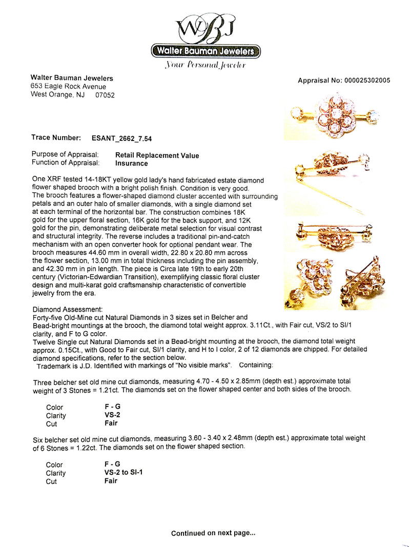 Estate Victorian 18K Y Gold 3.11ctw F-G/VS2-SI1 Diamond Brooch
