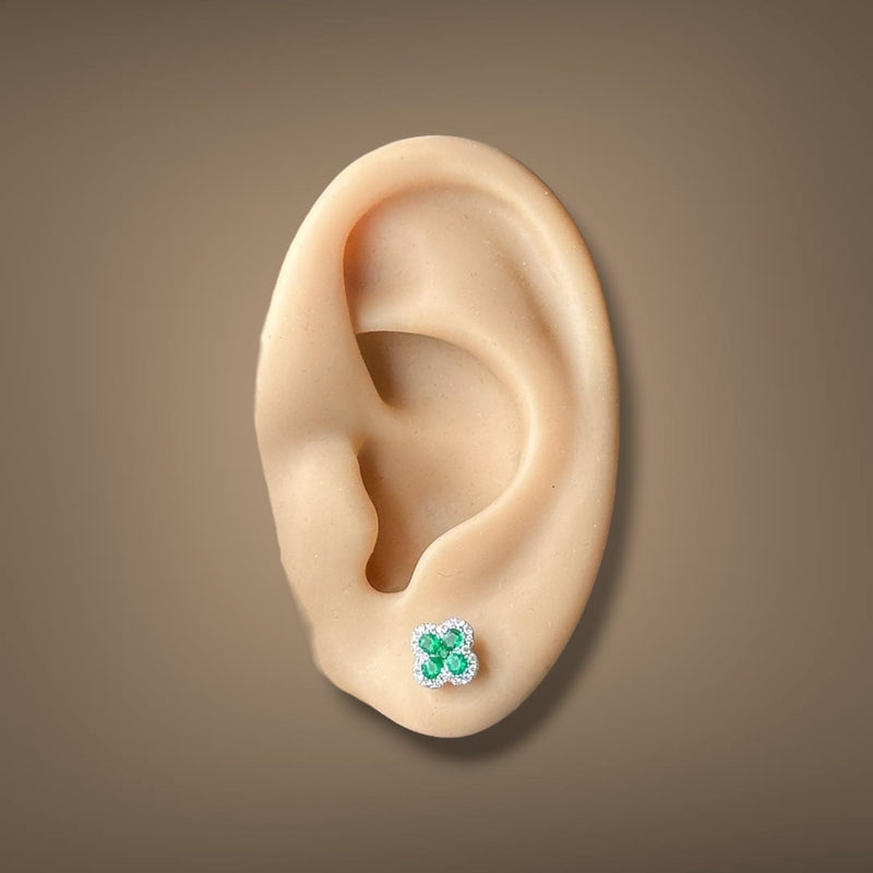 Estate 14K W Gold 0.34ctw Emerald & 0.11ctw Diamond Stud Earrings