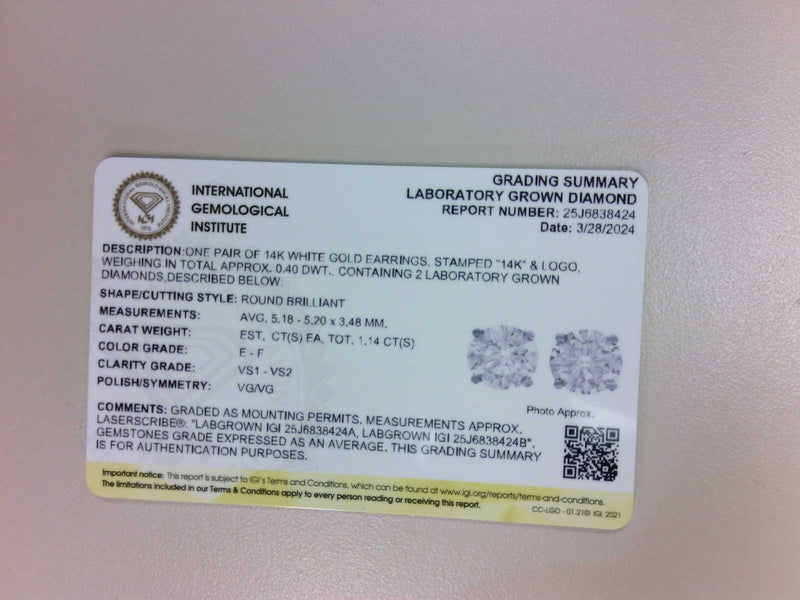 14K W Gold 1.14ctw E-F/VS1 Lab-Created Diamond Earrings IGI