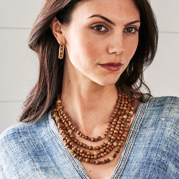 Brass YGP Teak Wood Berry Medium Hoop Earrings