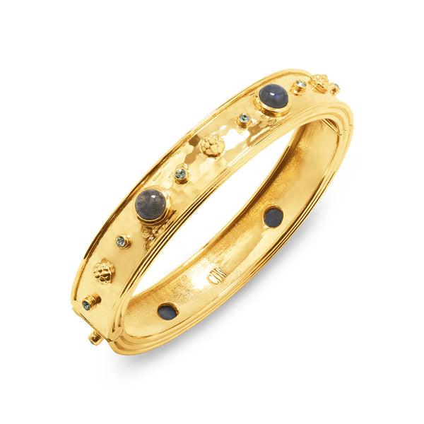 Brass YGP  Labradorite and Blue Topaz Cleopatra Hinged Bangle