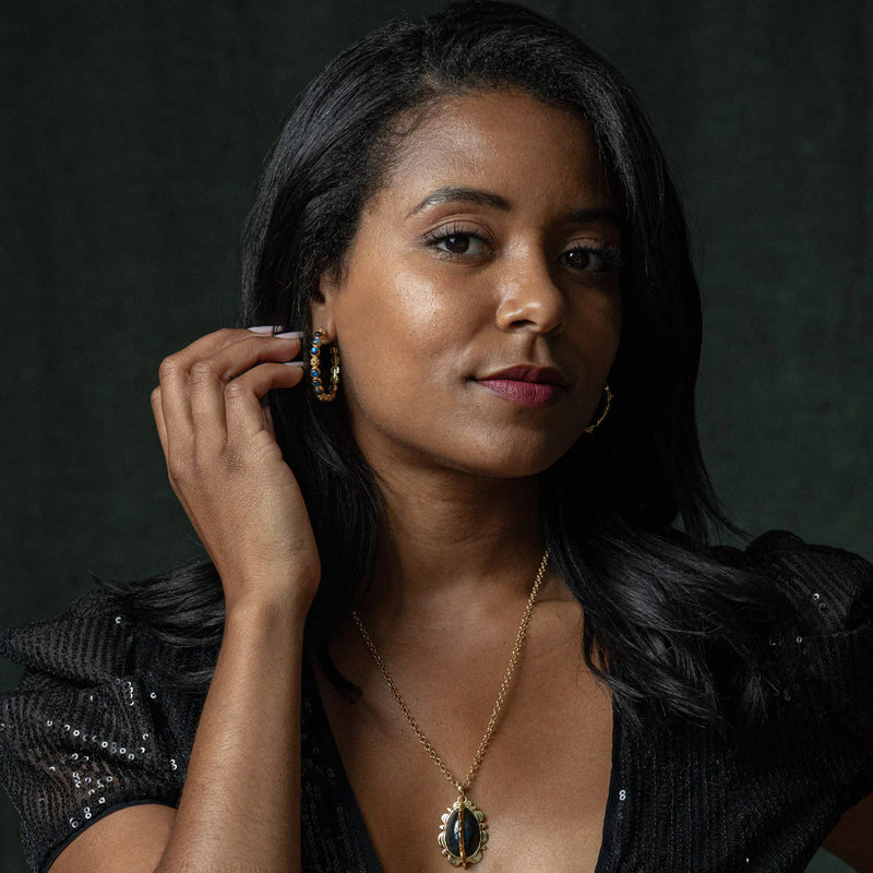 Brass YGP Labradorite Berry Gem Medium Hoop Earrings