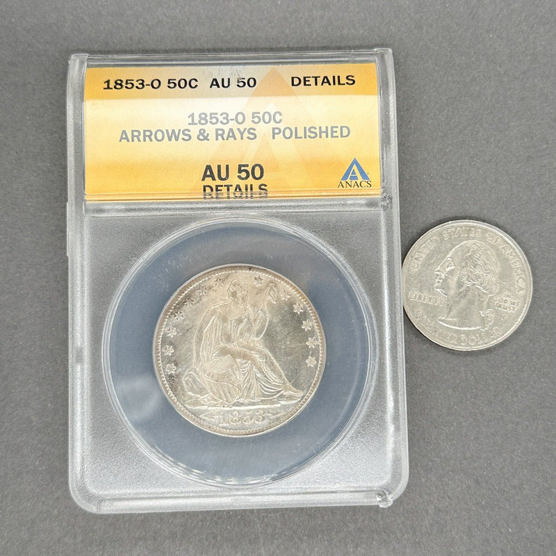 Estate 0.9 Fine Silver 1853 O Arrow's & Rays Seated Liberty Half Dollar AU 50 - Walter Bauman Jewelers