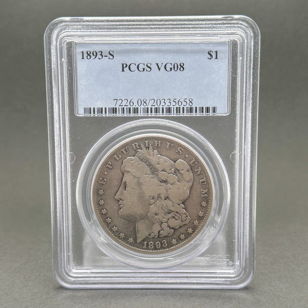 Estate 0.900 Fine Silver 1893-S $1 Morgan Dollar PCGS VG08 - Walter Bauman Jewelers