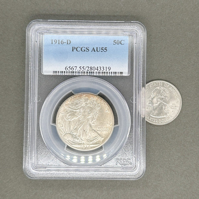 Estate 0.900 Fine Silver 1916-D Walking Liberty Half Dollar PCGS AU55 - Walter Bauman Jewelers