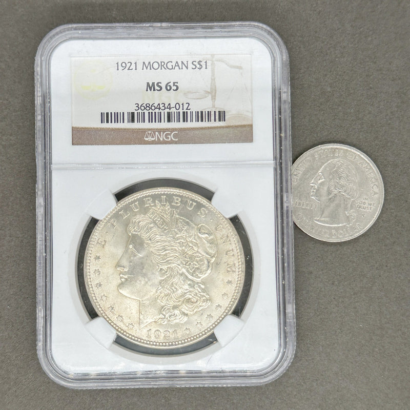 Estate 0.900 Fine Silver 1921 $1 Morgan Dollar NGC MS65 - Walter Bauman Jewelers