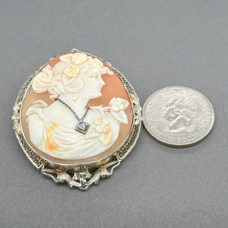 Estate 10K W Gold 33.00ct Shell & 0.03ct H - I/VS2 Diamond Cameo Pin/Pendant - Walter Bauman Jewelers