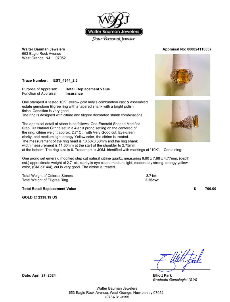 Estate 10K Y Gold 2.71ct Citrine Cocktail Ring - Walter Bauman Jewelers