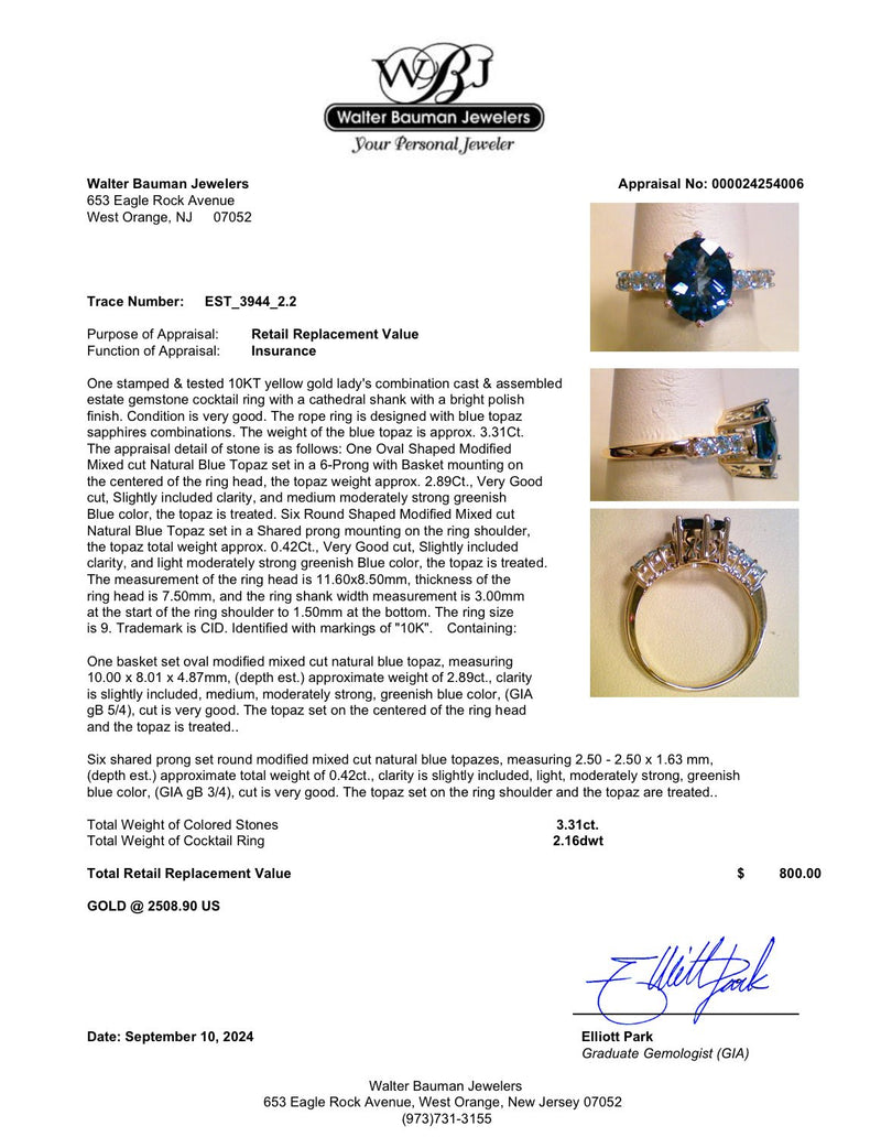 Estate 10K Y Gold 3.31ctw Blue Topaz Ring - Walter Bauman Jewelers