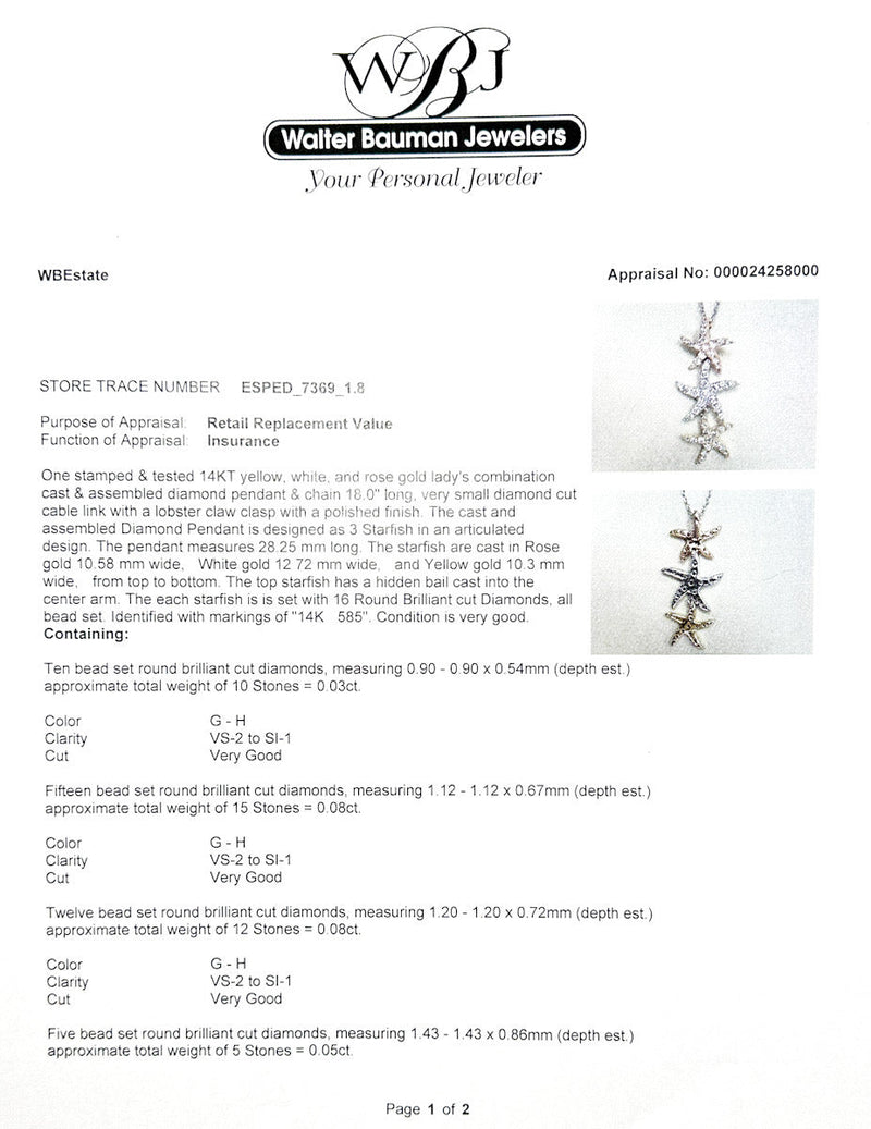 Estate 14K Tri - Color 0.32ctw G - H/VS2 - SI1 Diamond Starfish Pendant - Walter Bauman Jewelers