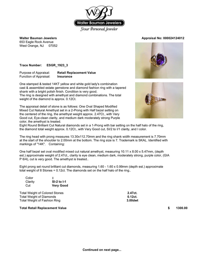 Estate 14K TT Gold 2.47ct Amethyst & 0.12ctw I/SI2-I1 Diamond Ring - Walter Bauman Jewelers