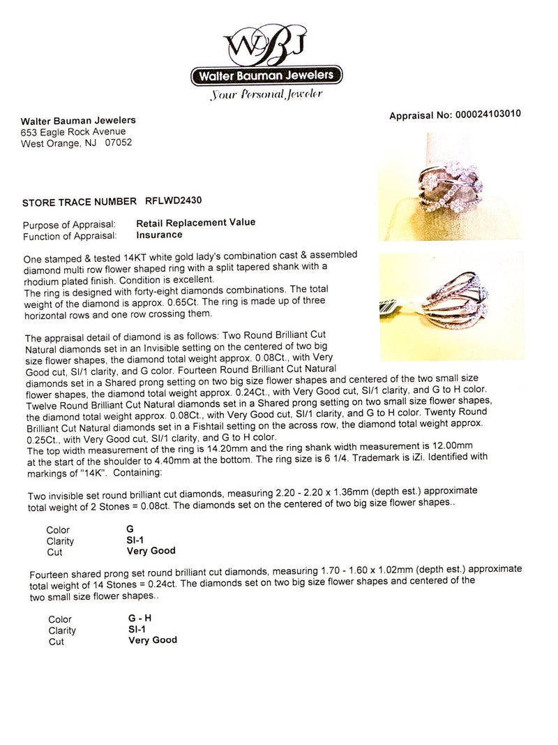 Estate 14K W Gold 0.65ctw G-H/SI1 Diamond Multi Row Flower Ring - Walter Bauman Jewelers