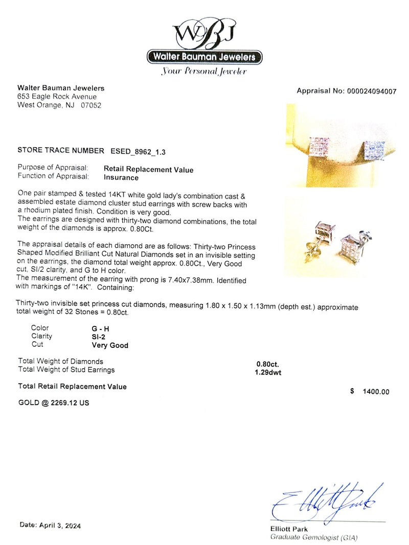 Estate 14K W Gold 0.80ctw G-H/SI2 Diamond Cluster Earrings - Walter Bauman Jewelers