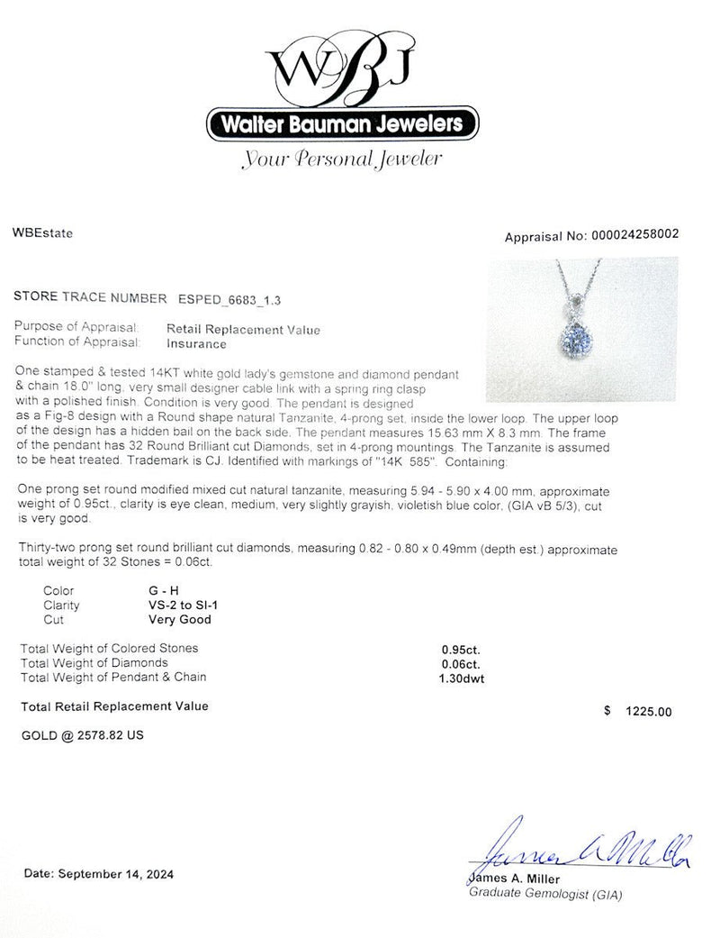 Estate 14K W Gold 0.95ct Tanzanite & 0.06ctw G - H/VS2 - SI1 Diamond Pendant - Walter Bauman Jewelers